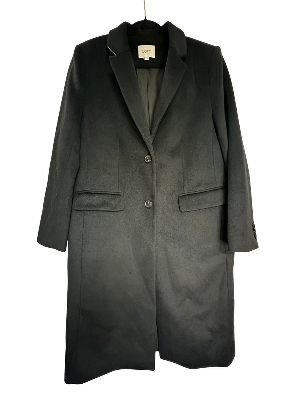 LOFT Black Wool Blend Long Coat Women’s L Menswear-style Trench Duster NWOT